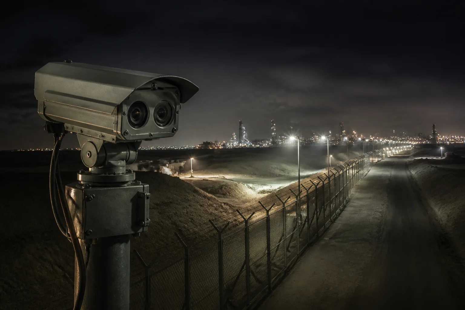 Rugged perimeter security camera overlooking an industrial fence line at night.